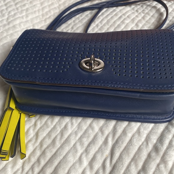 Coach Perforated Leather Penny Shoulder Purse in Navy and Bright Citrine - Picture 5 of 9